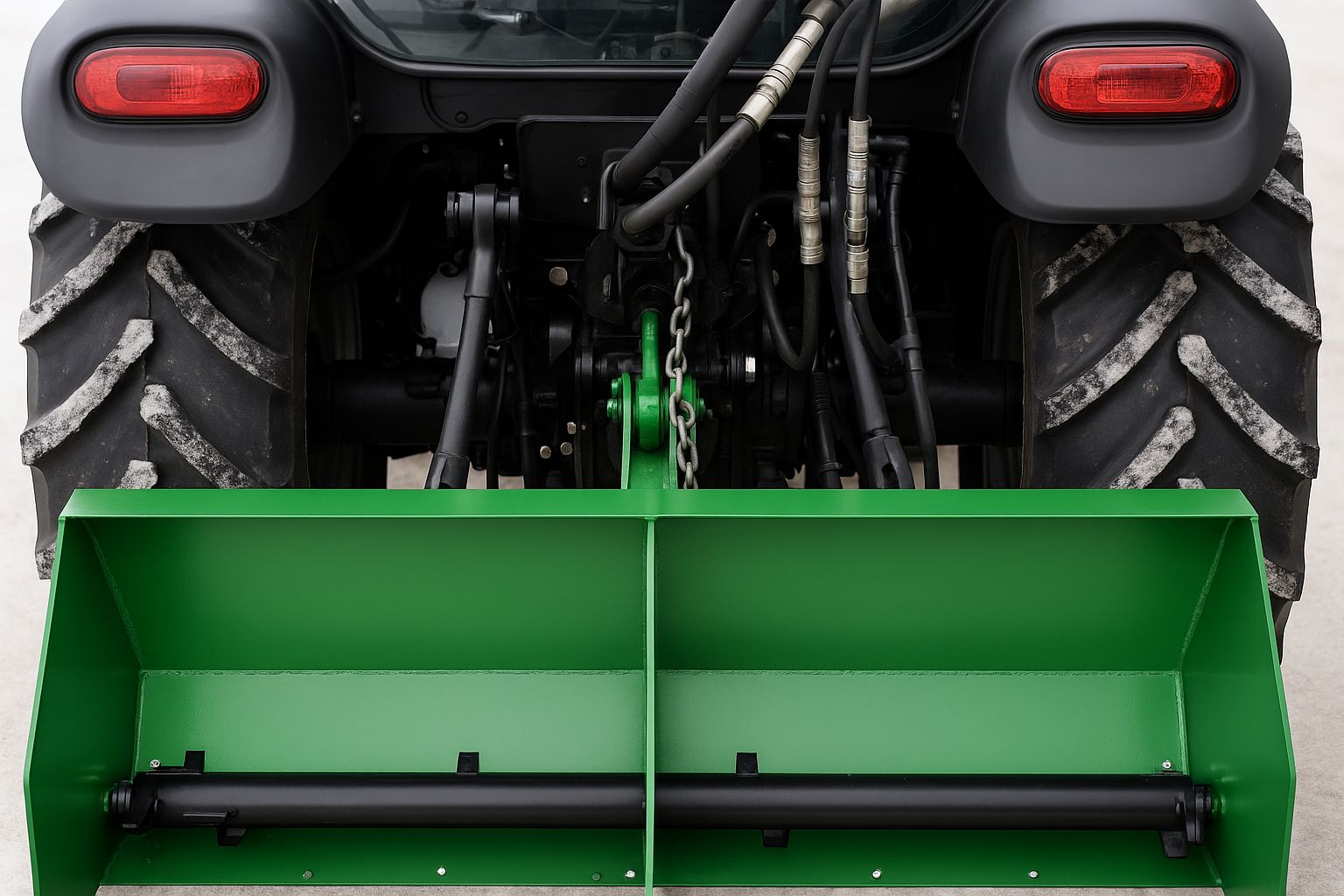 Sneskraber fra Kellfri monteret bag på en rød traktor, set skråt bagfra.