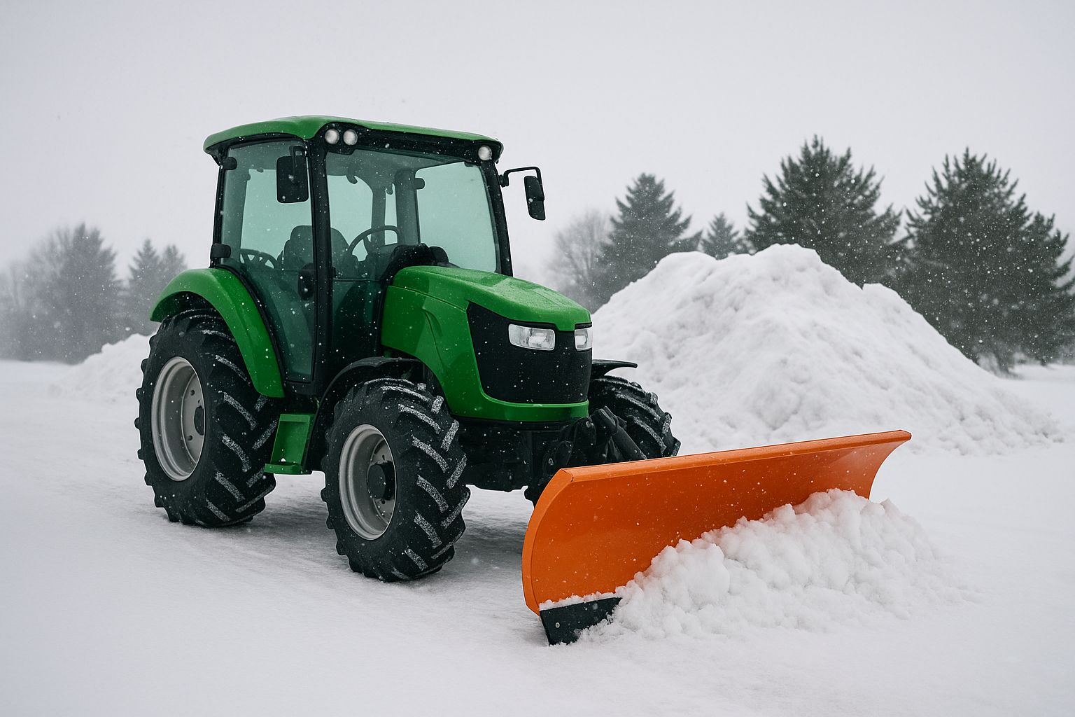 Stor, rød sneskraber monteret bagpå en blå traktor på en snedækket mark.
